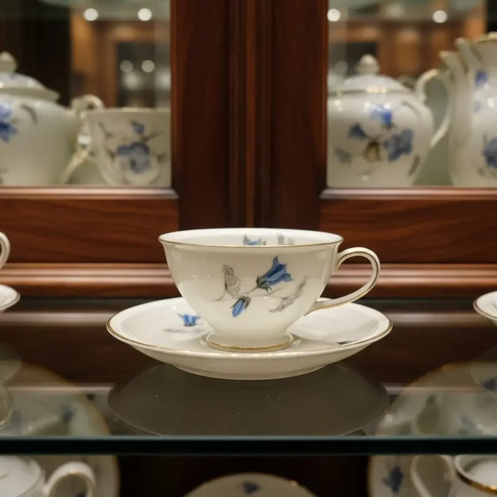Rosenthal Winifred Teacup Saucer Selb Germany-Blue Bellflowers-Gold Trim-Vintage